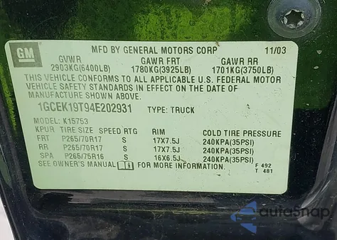 2004 Chevrolet Silverado 1500 Z71 из США, поврежденный, VIN 1GCEK19T94E202931